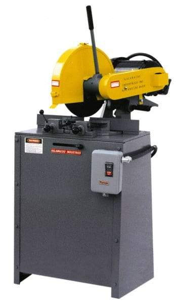 Kalamazoo - 14" Blade Diam, 1" Arbor Hole, Miter Chop & Cutoff Saw - 3 Phase, 4,400 RPM, 5 hp, 220/440 Volts, 2-1/2" in Solids at 90°, 2-1/2" in Solids at 45°, 3" in Pipe at 45° - Eagle Tool & Supply