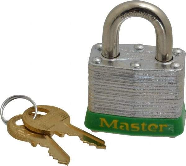 Master Lock - Keyed Alike Retaining Key Conductive Lockout Padlock - 3/4" Shackle Clearance, 9/32" Shackle Diam, 1-1/4" Body Height x 1-9/16" Body Width, Green, 4 Pins - Eagle Tool & Supply