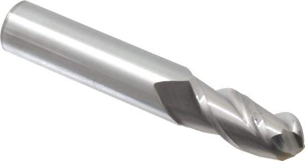 Accupro - 15/32" Diam, 1" LOC, 3 Flute Solid Carbide Ball End Mill - Uncoated, Single End, 3" OAL, 1/2" Shank Diam, Spiral Flute - Eagle Tool & Supply