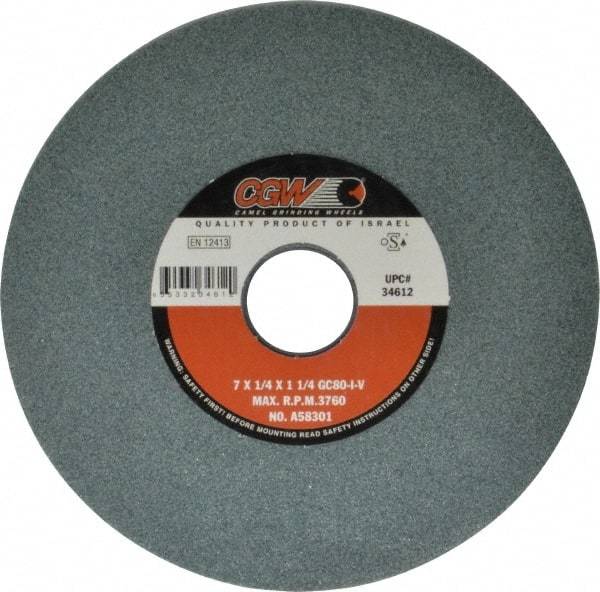 Camel Grinding Wheels - 7" Diam x 1-1/4" Hole x 1/4" Thick, I Hardness, 80 Grit Surface Grinding Wheel - Silicon Carbide, Type 1, Medium Grade, 3,760 Max RPM, Vitrified Bond, No Recess - Eagle Tool & Supply