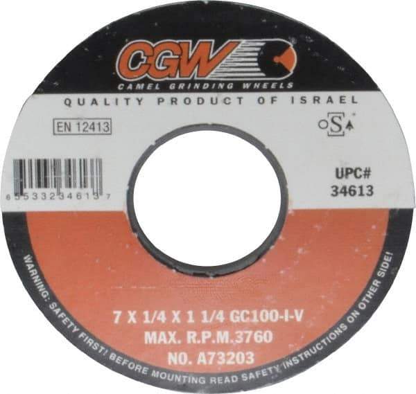 Camel Grinding Wheels - 7" Diam x 1-1/4" Hole x 1/4" Thick, I Hardness, 100 Grit Surface Grinding Wheel - Silicon Carbide, Type 1, Fine Grade, 3,760 Max RPM, Vitrified Bond, No Recess - Eagle Tool & Supply