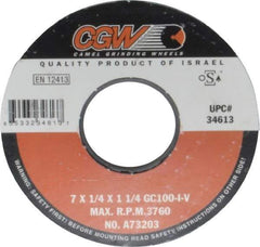 Camel Grinding Wheels - 7" Diam x 1-1/4" Hole x 1/4" Thick, I Hardness, 100 Grit Surface Grinding Wheel - Silicon Carbide, Type 1, Fine Grade, 3,760 Max RPM, Vitrified Bond, No Recess - Eagle Tool & Supply