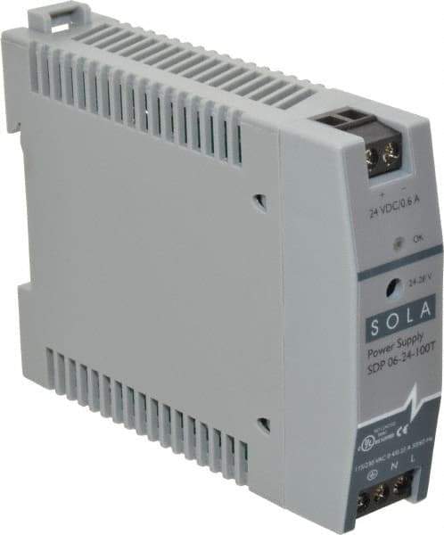 Sola/Hevi-Duty - 100 Watt, 0.60 Amp, 264 VAC, 375 VDC Input, 24 to 28 VDC Output, DIN Rail Power Supply - Screw Terminal Connection, 1 Output, 0.9 Inch Wide x 3.8 Inch Deep x 2.95 Inch High, Up to 80% Efficiency, 14 to 140°F, Green LED Display - Eagle Tool & Supply
