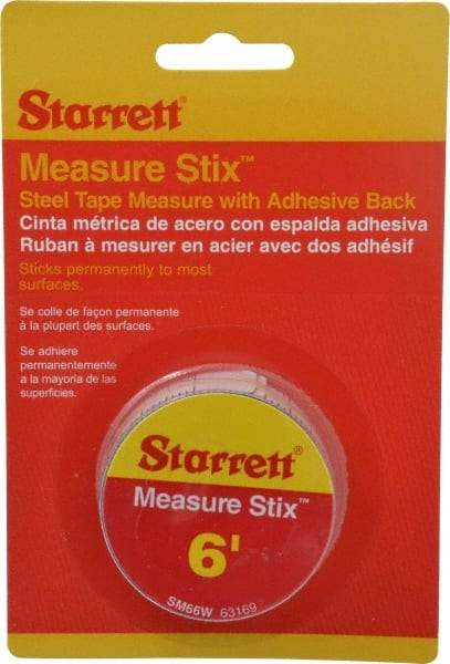 Starrett - 6 Ft. Long x 3/4 Inch Wide, 1/32 and 1/16 Inch Graduation, White, Steel Adhesive Tape Measure - Eagle Tool & Supply