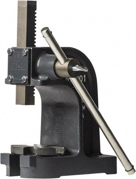 Dake - 1" Ram, 3-1/2" Throat Depth, 1 Ton Manual Arbor Press - 4-1/2" Max Work Height x 7" Max Work Width, Single Leverage, 25:1 Leverage Ratio, 4-1/4" Base Width x 9" Base Depth - Eagle Tool & Supply