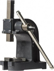 Dake - 1" Ram, 3-1/2" Throat Depth, 1 Ton Manual Arbor Press - 4-1/2" Max Work Height x 7" Max Work Width, Single Leverage, 25:1 Leverage Ratio, 4-1/4" Base Width x 9" Base Depth - Eagle Tool & Supply