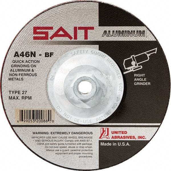 Sait - 46 Grit, 5" Wheel Diam, 1/4" Wheel Thickness, Type 27 Depressed Center Wheel - Aluminum Oxide, Resinoid Bond, N Hardness, 12,200 Max RPM, Compatible with Angle Grinder - Eagle Tool & Supply