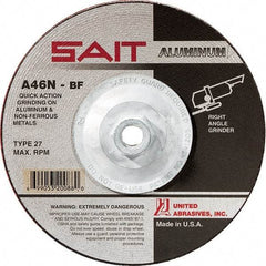 Sait - 46 Grit, 4-1/2" Wheel Diam, 1/4" Wheel Thickness, Type 27 Depressed Center Wheel - Aluminum Oxide, Resinoid Bond, N Hardness, 13,300 Max RPM, Compatible with Angle Grinder - Eagle Tool & Supply