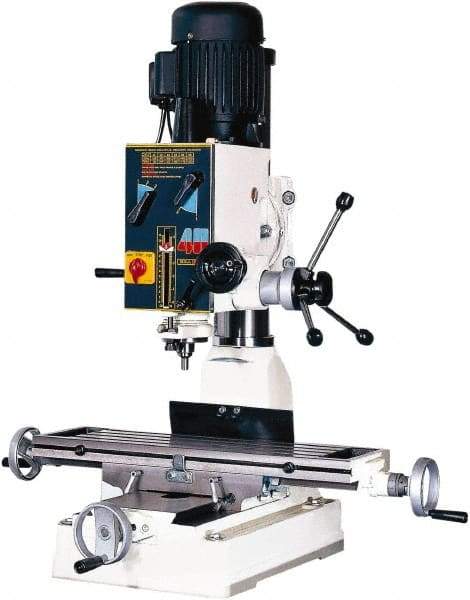 Rong Fu - 3 Phase, 20" Swing, Geared Head Mill Drill Machine - 28-3/4" Table Length x 8-1/4" Table Width, 18-1/8" Longitudinal Travel, 9" Cross Travel, 6 Spindle Speeds, 1 hp, 220 Volts - Eagle Tool & Supply