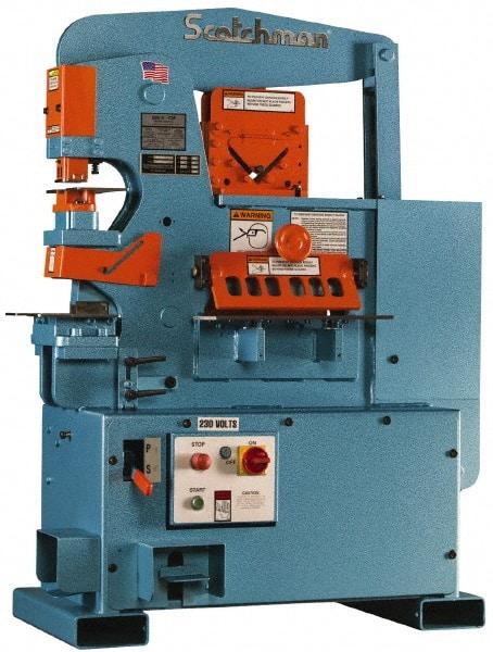 Scotchman - 12" Throat Depth, 90 Ton Punch Pressure, 1-1/8" in 1" Punch Capacity Ironworker - 5 hp, 3 Phase, 208/380/575 (Standard), 230 (Optional) & 230/240 (Standard) Volts, 76" Wide x 70" High x 26" Deep - Eagle Tool & Supply