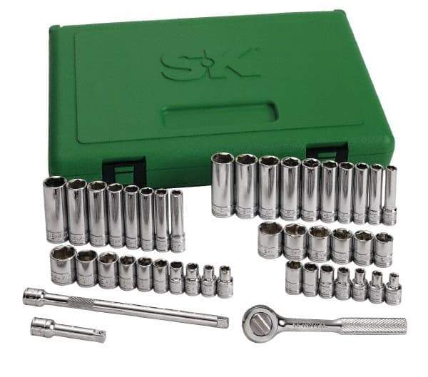 SK - 44 Piece 1/4" Drive Standard Deep Socket Set - 6 Points, 3/16 to 9/16", 4 to 15mm, Inch/Metric Measurement Standard - Eagle Tool & Supply