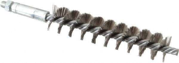 Schaefer Brush - 4" Brush Length, 7/8" Diam, Double Stem, Single Spiral Tube Brush - 6-1/4" Long, Stainless Steel, 1/4-28 Male Connection - Eagle Tool & Supply