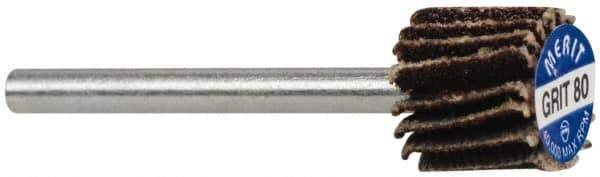 Merit Abrasives - 3/8" Diam x 3/8" Face Width, Medium Aluminum Oxide Coated Mounted Flap Wheel - 1/8" Shank Mount, 80 Grit, Cloth Backing, 40,000 Max RPM - Eagle Tool & Supply