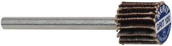 Merit Abrasives - 3/8" Diam x 3/8" Face Width, Fine Aluminum Oxide Coated Mounted Flap Wheel - 1/8" Shank Mount, 120 Grit, Cloth Backing, 40,000 Max RPM - Eagle Tool & Supply