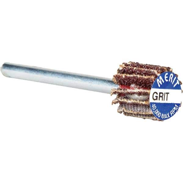 Merit Abrasives - 3/8" Diam x 3/8" Face Width, Very Fine Aluminum Oxide Coated Mounted Flap Wheel - 1/8" Shank Mount, 240 Grit, Cloth Backing, 40,000 Max RPM - Eagle Tool & Supply