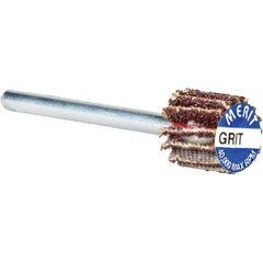 Merit Abrasives - 3/8" Diam x 3/8" Face Width, Very Fine Aluminum Oxide Coated Mounted Flap Wheel - 1/8" Shank Mount, 240 Grit, Cloth Backing, 40,000 Max RPM - Eagle Tool & Supply
