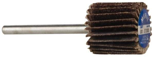Merit Abrasives - 5/8" Diam x 5/8" Face Width, Medium Aluminum Oxide Coated Mounted Flap Wheel - 1/8" Shank Mount, 80 Grit, Cloth Backing, 37,000 Max RPM - Eagle Tool & Supply