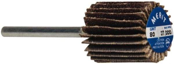 Merit Abrasives - 5/8" Diam x 3/4" Face Width, Medium Aluminum Oxide Coated Mounted Flap Wheel - 1/8" Shank Mount, 80 Grit, Cloth Backing, 37,000 Max RPM - Eagle Tool & Supply