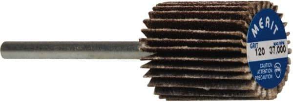 Merit Abrasives - 5/8" Diam x 3/4" Face Width, Fine Aluminum Oxide Coated Mounted Flap Wheel - 1/8" Shank Mount, 120 Grit, Cloth Backing, 37,000 Max RPM - Eagle Tool & Supply