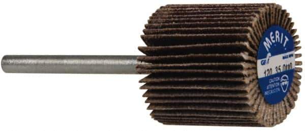 Merit Abrasives - 3/4" Diam x 3/4" Face Width, Fine Aluminum Oxide Coated Mounted Flap Wheel - 1/8" Shank Mount, 120 Grit, Cloth Backing, 35,000 Max RPM - Eagle Tool & Supply