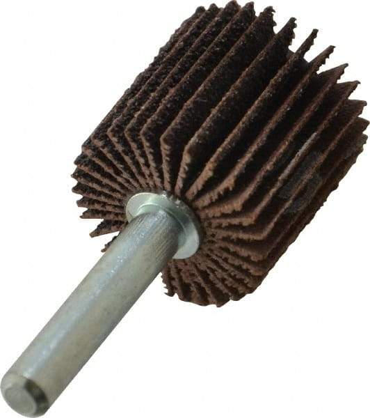 Merit Abrasives - 1" Diam x 1" Face Width, Medium Aluminum Oxide Coated Mounted Flap Wheel - 1/4" Shank Mount, 60 Grit, Cloth Backing, 30,000 Max RPM - Eagle Tool & Supply