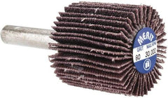 Merit Abrasives - 1" Diam x 1" Face Width, Medium Aluminum Oxide Coated Mounted Flap Wheel - 1/4" Shank Mount, 80 Grit, Cloth Backing, 30,000 Max RPM - Eagle Tool & Supply