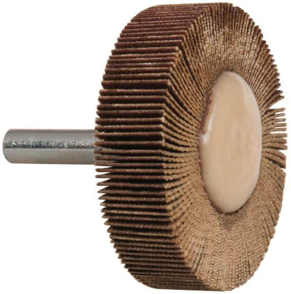 Merit Abrasives - 2" Diam x 1/2" Face Width, Very Fine Aluminum Oxide Coated Mounted Flap Wheel - 1/4" Shank Mount, 180 Grit, Cloth Backing, 25,000 Max RPM - Eagle Tool & Supply