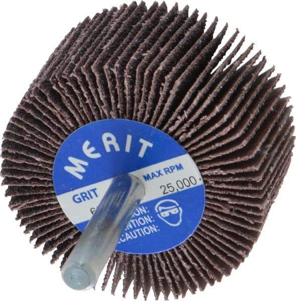 Merit Abrasives - 2" Diam x 1" Face Width, Medium Aluminum Oxide Coated Mounted Flap Wheel - 1/4" Shank Mount, 60 Grit, Cloth Backing, 25,000 Max RPM - Eagle Tool & Supply