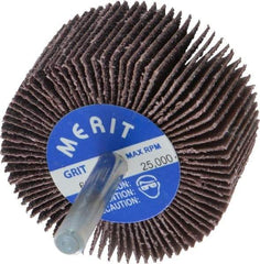 Merit Abrasives - 2" Diam x 1" Face Width, Medium Aluminum Oxide Coated Mounted Flap Wheel - 1/4" Shank Mount, 60 Grit, Cloth Backing, 25,000 Max RPM - Eagle Tool & Supply