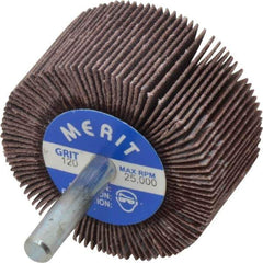 Merit Abrasives - 2" Diam x 1" Face Width, Fine Aluminum Oxide Coated Mounted Flap Wheel - 1/4" Shank Mount, 120 Grit, Cloth Backing, 25,000 Max RPM - Eagle Tool & Supply