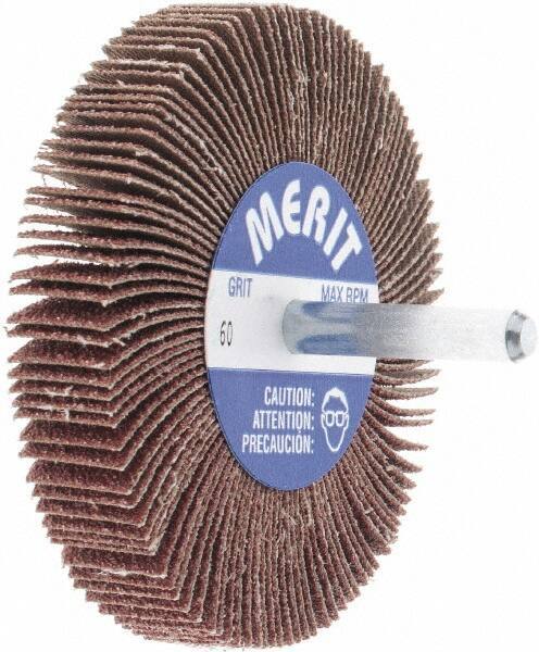 Merit Abrasives - 3" Diam x 1/2" Face Width, Medium Aluminum Oxide Coated Mounted Flap Wheel - 1/4" Shank Mount, 60 Grit, Cloth Backing, 20,000 Max RPM - Eagle Tool & Supply