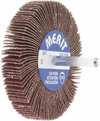 Merit Abrasives - 3" Diam x 1/2" Face Width, Medium Aluminum Oxide Coated Mounted Flap Wheel - 1/4" Shank Mount, 60 Grit, Cloth Backing, 20,000 Max RPM - Eagle Tool & Supply