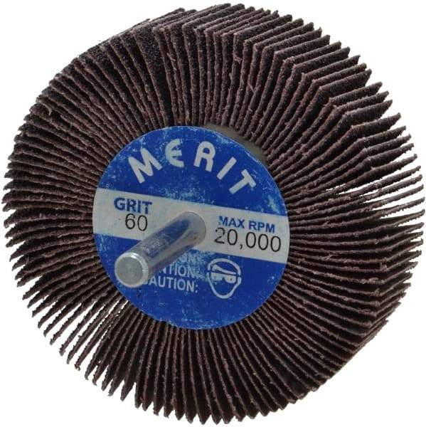 Merit Abrasives - 3" Diam x 1" Face Width, Medium Aluminum Oxide Coated Mounted Flap Wheel - 1/4" Shank Mount, 60 Grit, Cloth Backing, 20,000 Max RPM - Eagle Tool & Supply
