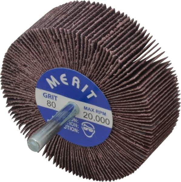 Merit Abrasives - 3" Diam x 1" Face Width, Medium Aluminum Oxide Coated Mounted Flap Wheel - 1/4" Shank Mount, 80 Grit, Cloth Backing, 20,000 Max RPM - Eagle Tool & Supply