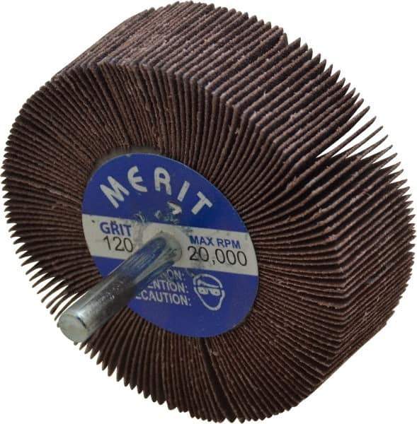 Merit Abrasives - 3" Diam x 1" Face Width, Fine Aluminum Oxide Coated Mounted Flap Wheel - 1/4" Shank Mount, 120 Grit, Cloth Backing, 20,000 Max RPM - Eagle Tool & Supply