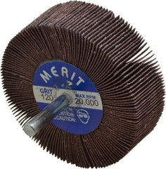 Merit Abrasives - 3" Diam x 1" Face Width, Fine Aluminum Oxide Coated Mounted Flap Wheel - 1/4" Shank Mount, 120 Grit, Cloth Backing, 20,000 Max RPM - Eagle Tool & Supply