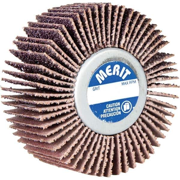Merit Abrasives - 3" Diam x 1" Face Width, Very Fine Aluminum Oxide Coated Mounted Flap Wheel - 1/4-20 Threaded Mount, 180 Grit, Cloth Backing, 20,000 Max RPM - Eagle Tool & Supply