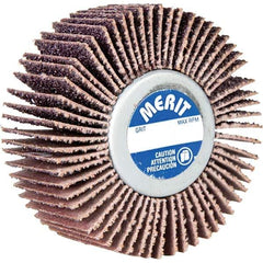 Merit Abrasives - 3" Diam x 1" Face Width, Very Fine Aluminum Oxide Coated Mounted Flap Wheel - 1/4-20 Threaded Mount, 180 Grit, Cloth Backing, 20,000 Max RPM - Eagle Tool & Supply