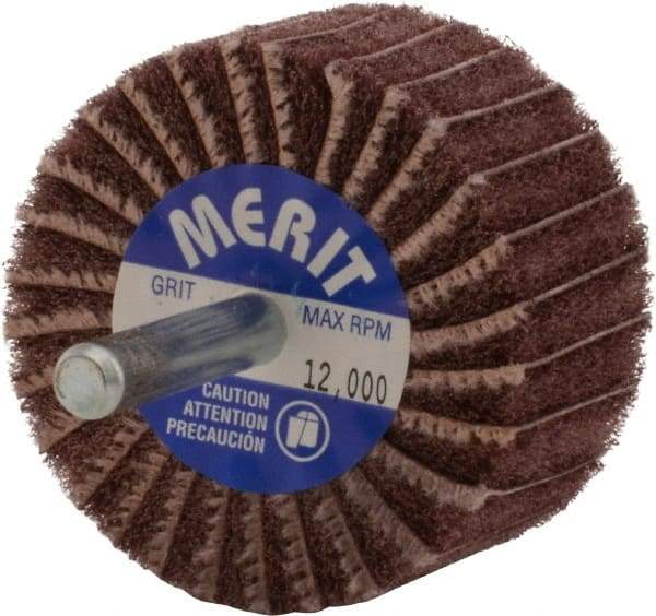 Merit Abrasives - 2" Diam x 1" Face Width, Very Fine Aluminum Oxide Nonwoven & Coated Mounted Flap Wheel - 1/4" Shank Mount, 180 Grit, Interleaf, X Weighted Cloth Backing, 12,000 Max RPM - Eagle Tool & Supply