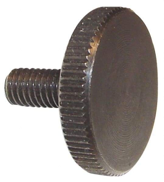 Morton Machine Works - M8x1.25 Knurled Shoulderless Grade C-1018 Steel Thumb Screw - 31mm OAL, 30mm Head Diam x 6mm Head Height, Black Oxide Finish - Eagle Tool & Supply