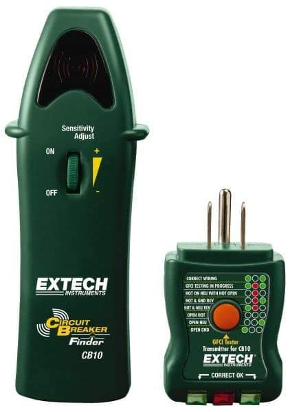 Extech - 110 to 125 VAC, 47 to 63 Hz, LED Display Circuit Breaker Finder - 9 Volt, Includes Battery, GFCI Transmitter, Receiver - Eagle Tool & Supply