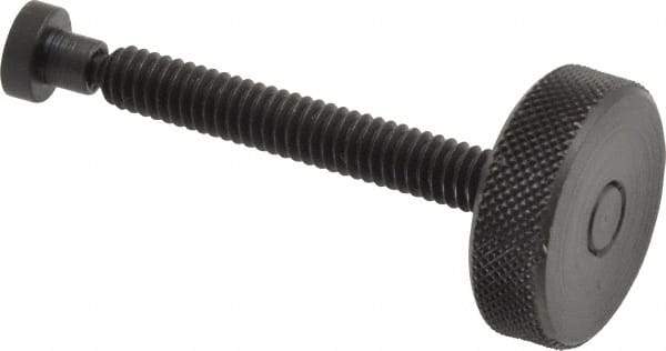 Gibraltar - 1/4-20 Knurled Shoulderless Swivel Pad Tip Grade C-12L14 Steel Thumb Screw - 2.4" OAL, 1" Head Diam x 5/16" Head Height, Black Oxide Finish - Eagle Tool & Supply