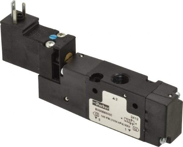 Parker - 1/8", 3-Way Body Ported Stacking Solenoid Valve - 24 VDC, 0.75 CV Rate, Air Return, 2.14" High x 4.2" Long - Eagle Tool & Supply