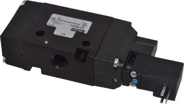 Parker - 1/4", 3-Way Body Ported Stacking Solenoid Valve - 120 VAC, 1.4 CV Rate, Air Return, 2.4" High x 5.29" Long - Eagle Tool & Supply