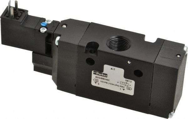 Parker - 3/8", 3-Way Body Ported Stacking Solenoid Valve - 24 VDC, 1.4 CV Rate, Air Return, 2.4" High x 5.29" Long - Eagle Tool & Supply