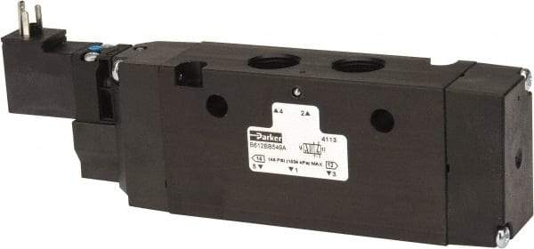 Parker - 3/8", 4-Way Body Ported Stacking Solenoid Valve - 24 VDC, 2.7 CV Rate, Air Return, 2.4" High x 6.67" Long - Eagle Tool & Supply
