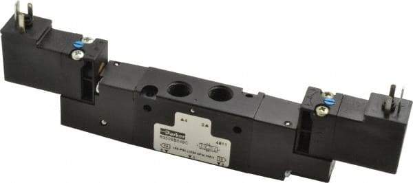 Parker - 1/8", 4-Way Body Ported Stacking Solenoid Valve - 24 VDC, 0.6 CV Rate, 2.14" High x 6.44" Long - Eagle Tool & Supply