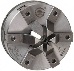 Bison - 6 Jaws, 6" Diam, Self Centering Manual Lathe Chuck - Plain Back Mount Spindle, 1,200 Max RPM, 2.0472" Through Hole Diam, 0.0006" Axial Runout, Forged Steel - Eagle Tool & Supply
