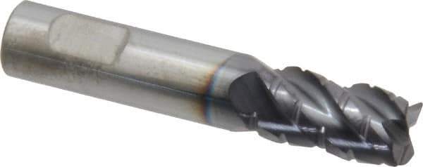 ProMax - 3/8" Diam, 5/8" LOC, 4 Flute Solid Carbide Roughing & Finishing Corner Radius End Mill - AlTiN Finish, 2" OAL, 3/8" Shank Diam, Weldon Shank, 40° Helix, Centercutting, Stub Length - Eagle Tool & Supply