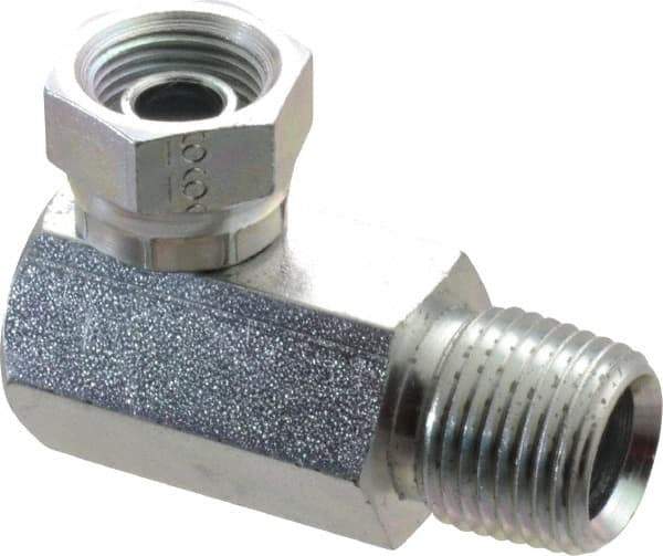 Weatherhead - 1/2-14 Male Thread x 3/8-18 Female Thread, Steel Industrial Pipe 90° Elbow Adapter - FNPSM x MNPT, 2,500 psi - Eagle Tool & Supply